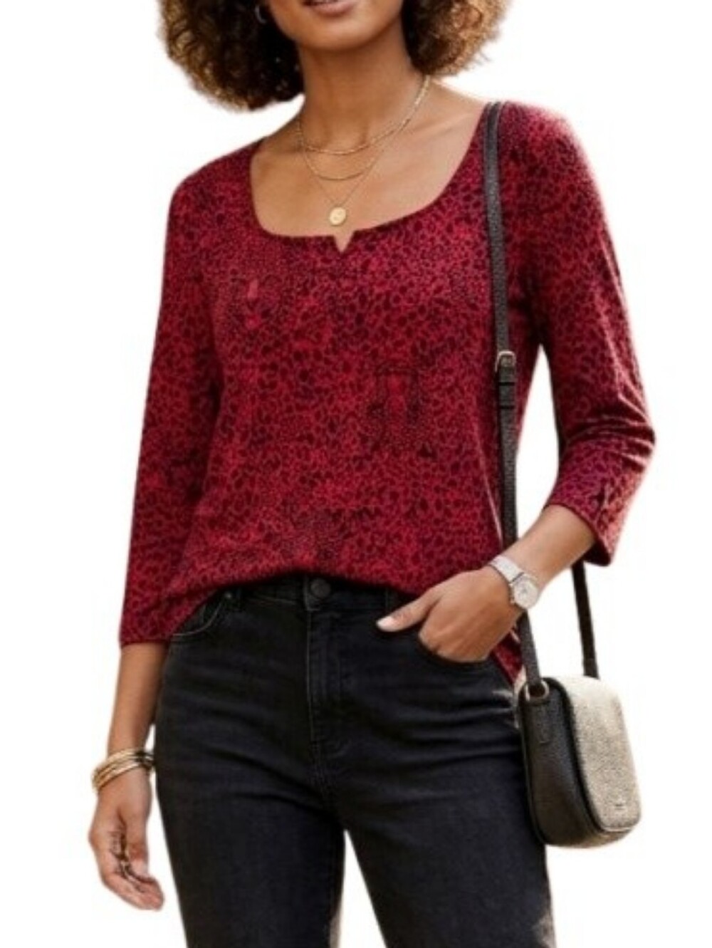 Bold Elements Plus Red Leopard Print Blouse Scoop Neck 3/4 Sleeves Stretch